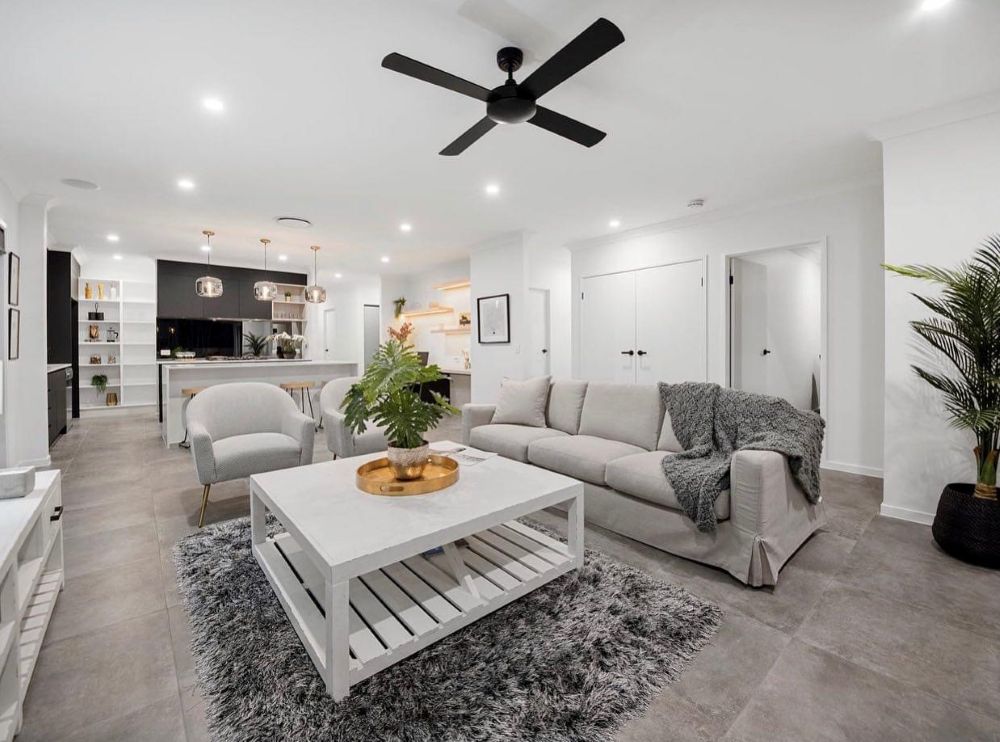 Living room with grey flooring