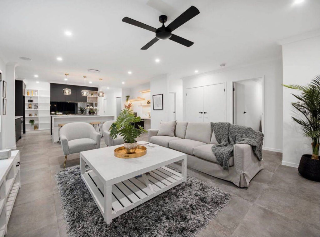 Modern Living Room with Beige Tile Flooring